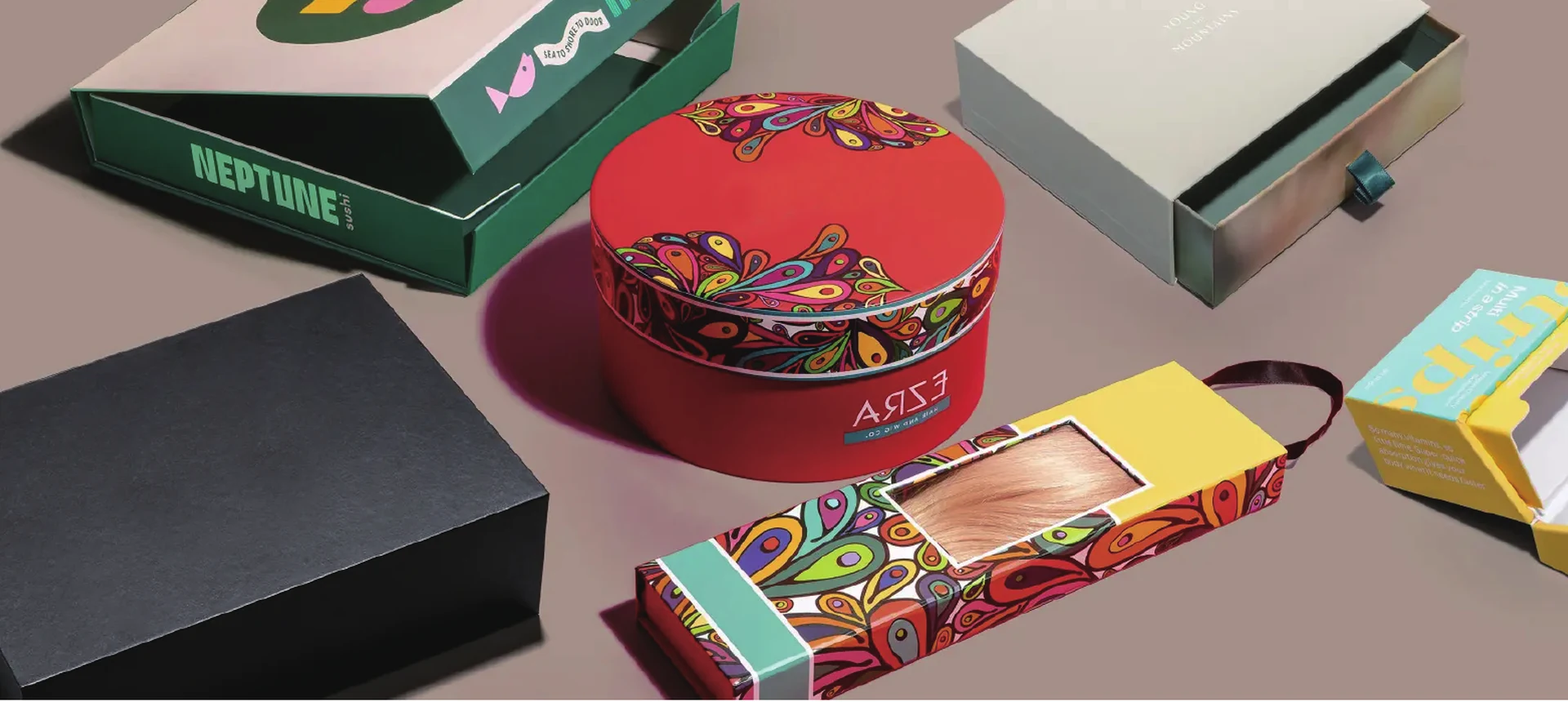 A collection of custom printed paper packaging